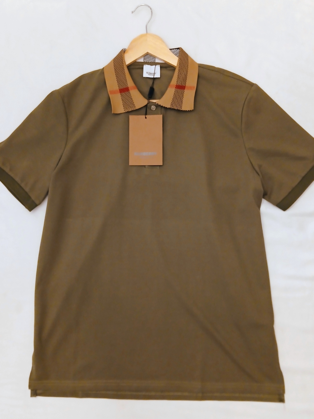 Burberry Cody Check Collar Cotton Piqué Polo Shirt Green Men’s Size L NWT
